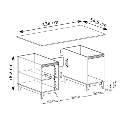 Bureau Serena 138x78 met 3 laden in modern-classicstijl - tekening met afmetingen