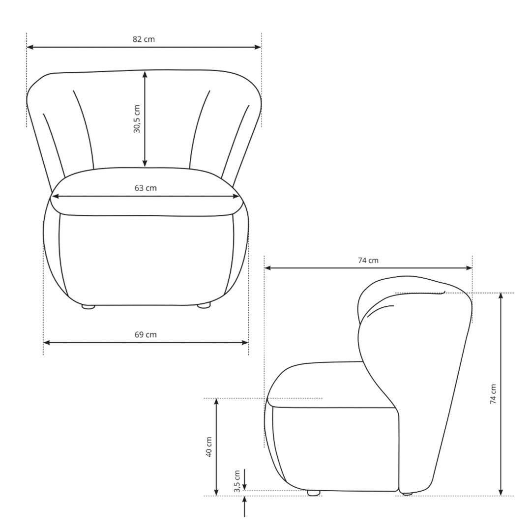 Olemo Armchair 82x74 cm, Japandi Style – dimensions drawing
