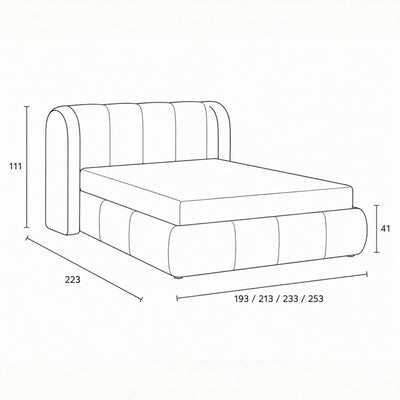 Ventara Upholstered Ottoman Bed with Vertical Tufting and Storage, Soft Modern Style – dimensions drawing