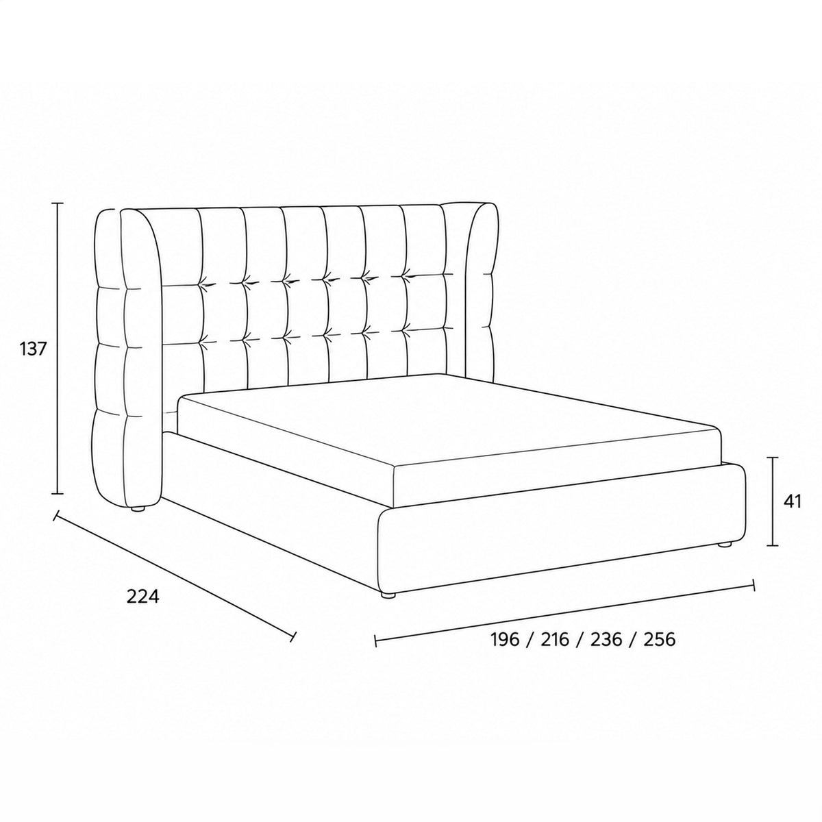 Diara Tufted Upholstered Ottoman Bed with Storage, Glamour Style – dimensions drawing
