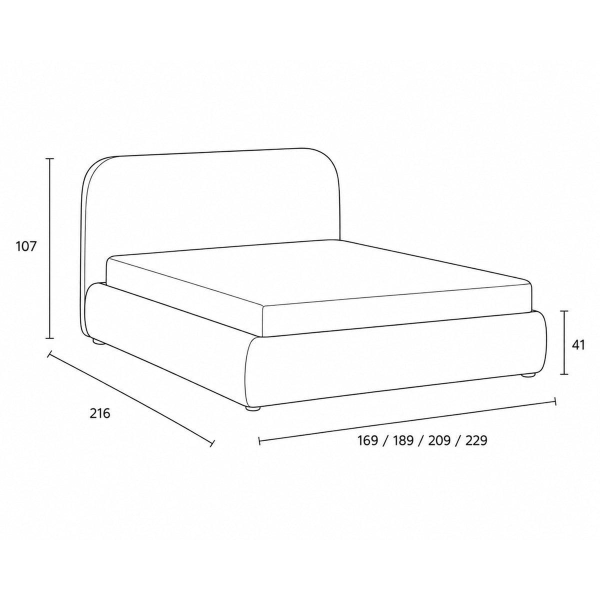 Eterial Upholstered Ottoman Bed with Storage, Soft Modern Style – dimensions drawing