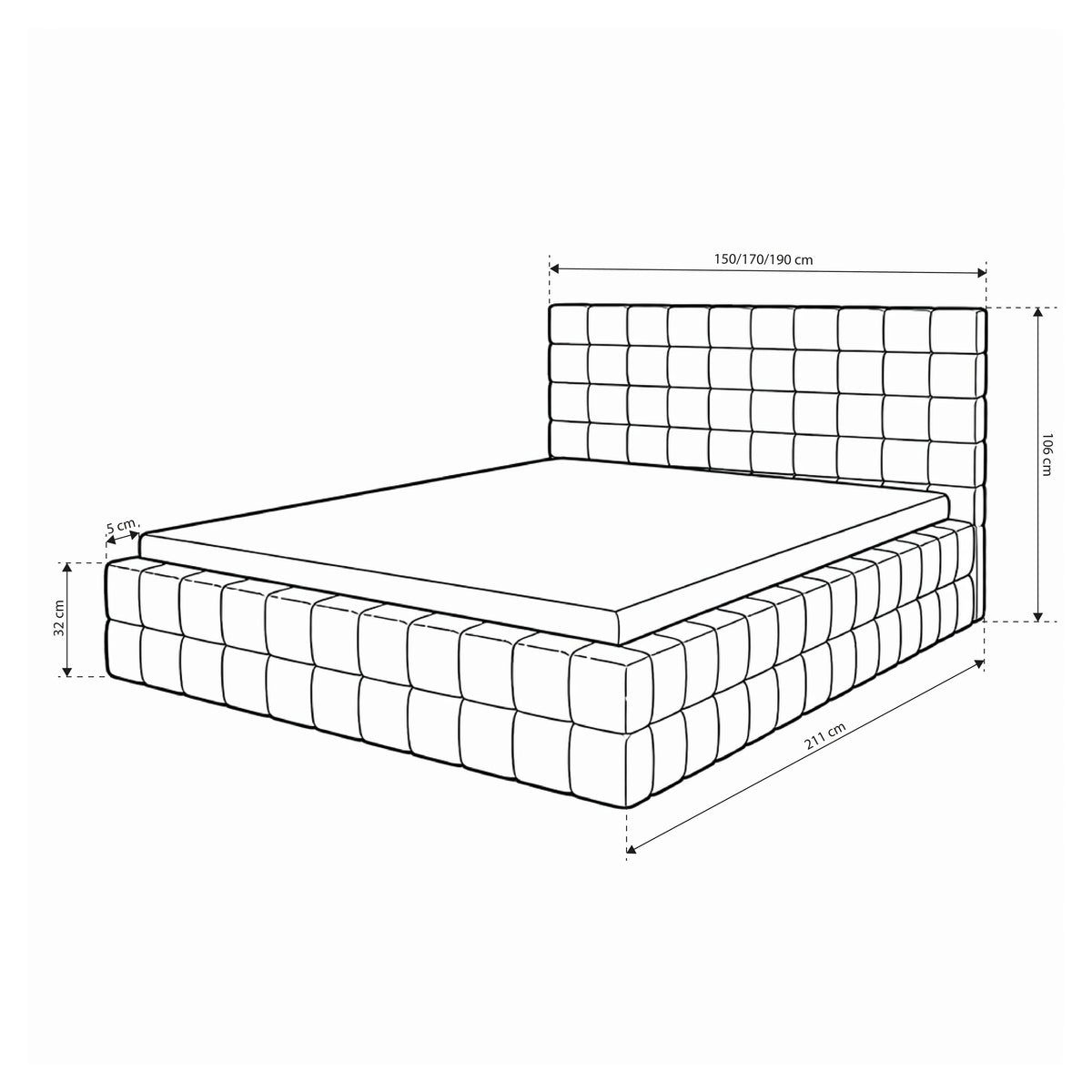 Stratus Upholstered Ottoman Bed with Storage, Various Sizes in Modern Style, Coral Fabric – dimensions drawing