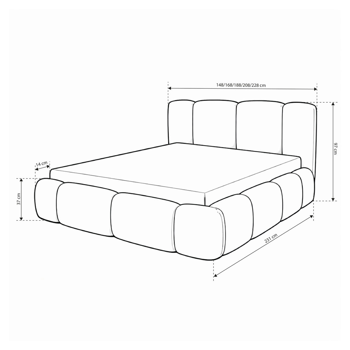 Neria Upholstered Ottoman Bed with Storage, Various Sizes in Japandi Style – dimensions drawing