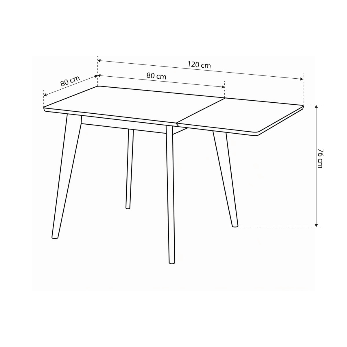 Krel Extendable Dining Table 80–120x80 cm, Scandinavian Style – dimensions drawing