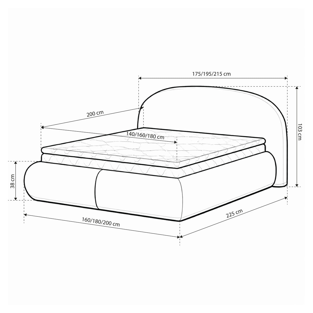 Glori Upholstered Ottoman Bed 140/160/180x200 with Storage, Modern Style – dimensions drawing