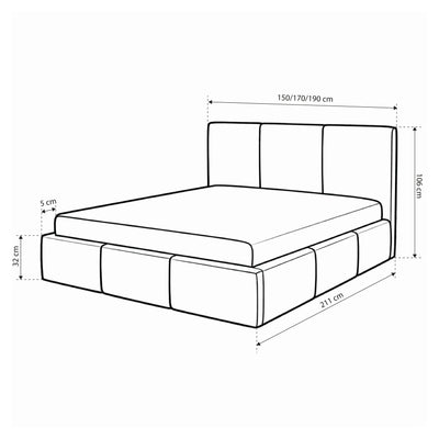 Melora Upholstered Ottoman Bed with Storage, Various Sizes in Modern Style, Coral Fabric – dimensions drawing