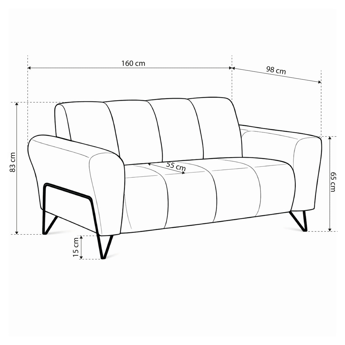 Nellia 2 Seater Sofa for Living Room, Soft Style, Storm Fabric – dimensions drawing