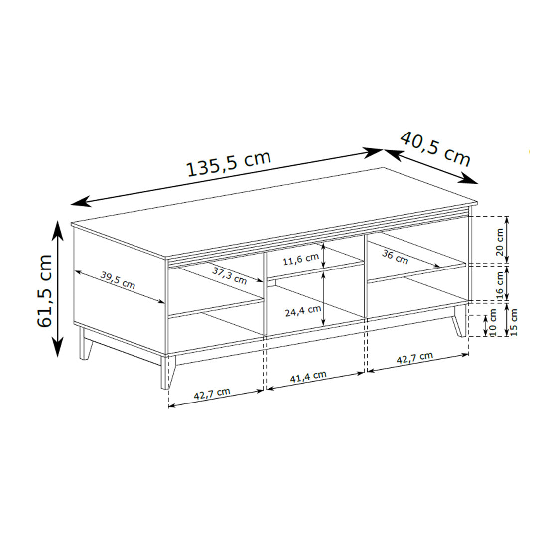 Serena TV Unit 136x62 with Fluted Fronts, Modern Classic Style – dimensions drawing