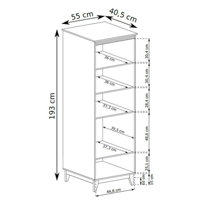 Serena-vitrinekast 55x193 met glas in modern classic-stijl – tekening met afmetingen