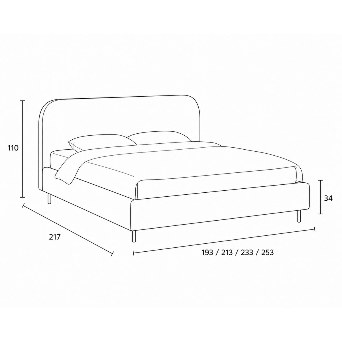 Dorida Upholstered Bed with a Smooth Headboard, Minimalist Style – dimensions drawing