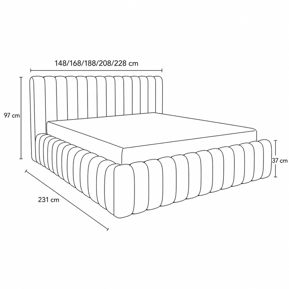 Gestoffeerd bed Pastel met opbergruimte in modern soft-stijl, stof Coral - tekening met afmetingen