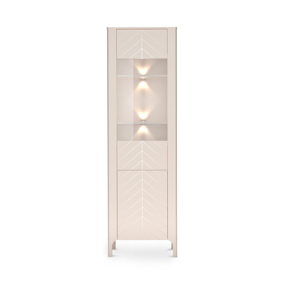 Hoge EKLIPSO-vitrinekast 60x197 met glas in moderne stijl, kleur Kasjmier - vooraanzicht met ledverlichting | Pillovely