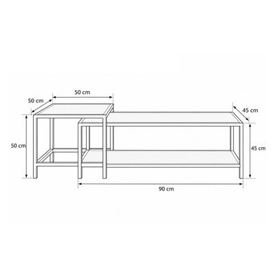Set van 2 Skeleto-salontafels 90x45 en 50x50 – maatschets met breedte, hoogte en diepte