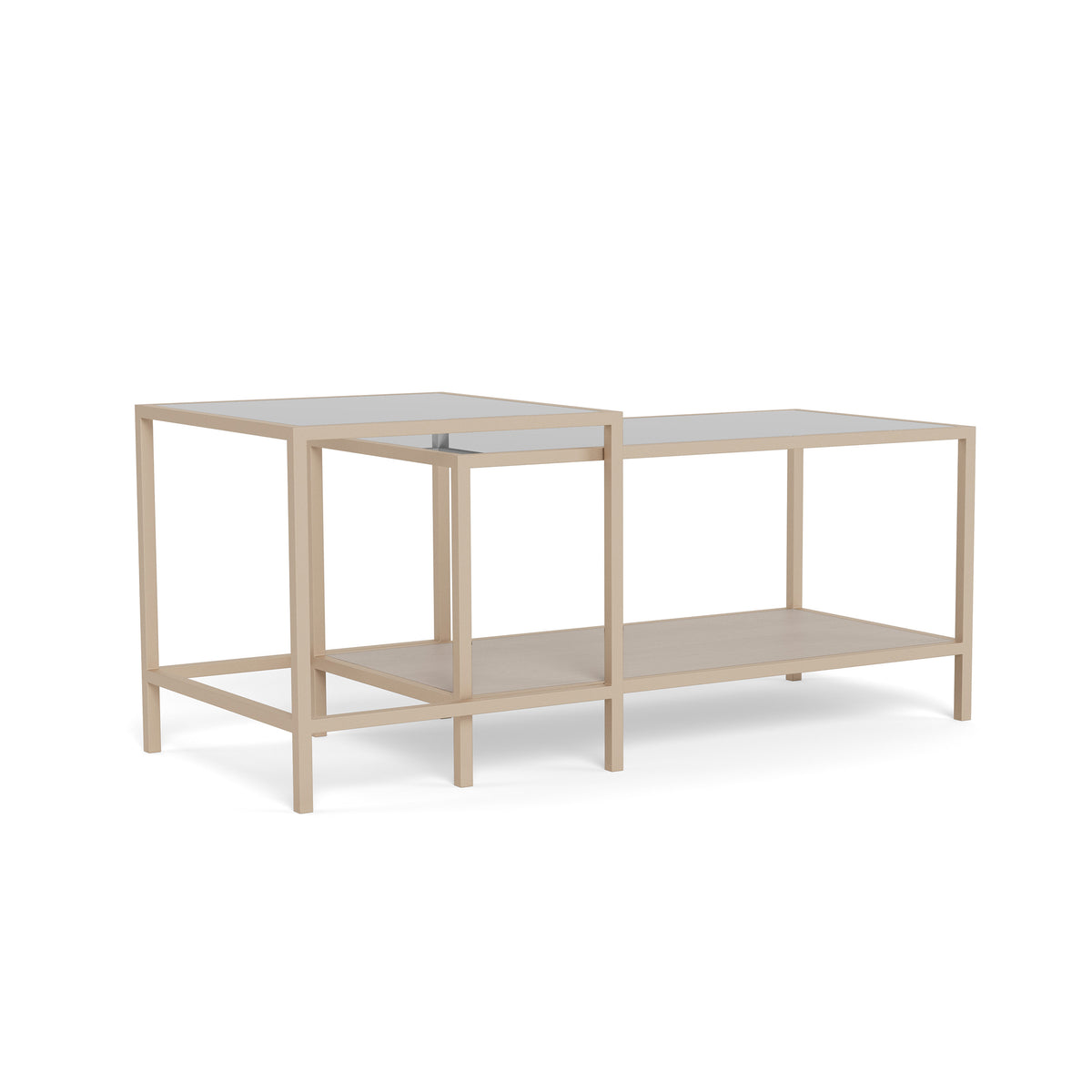 Set van 2 Skeleto-salontafels van 90x45 en 50x50 met schuine randen – glazen bladen, waarbij de kleinere tafel over de grotere is geschoven