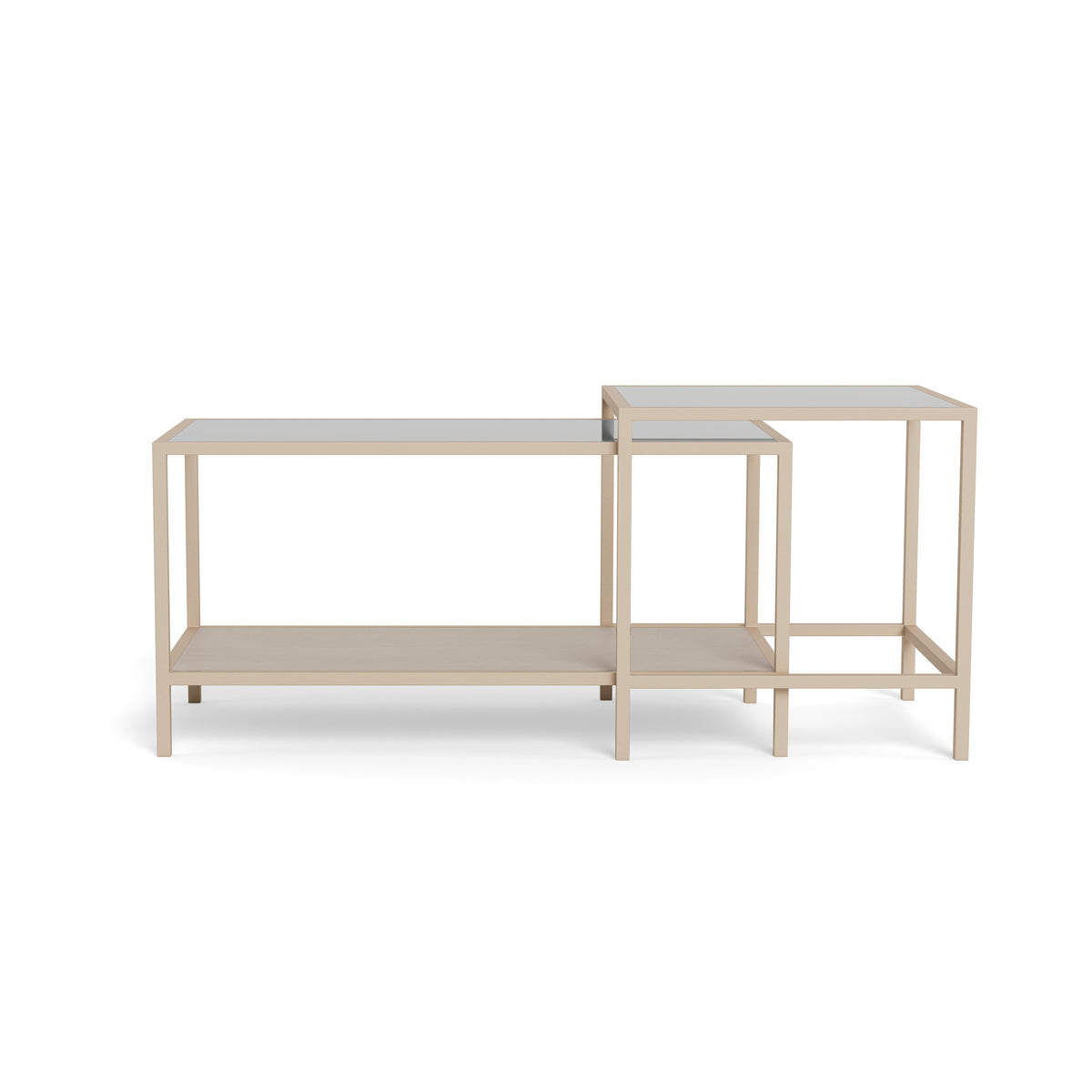 Skeleto-salontafels 90x45 en 50x50, vooraanzicht – de hogere vierkante tafel rechts op de plank