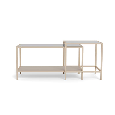 Skeleto-salontafels 90x45 en 50x50, vooraanzicht – de hogere vierkante tafel rechts op de plank