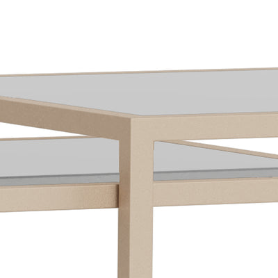 Skeleto-salontafels – close-up van het tafelblad van gehard glas, bevestigd in een gepoedercoat stalen frame